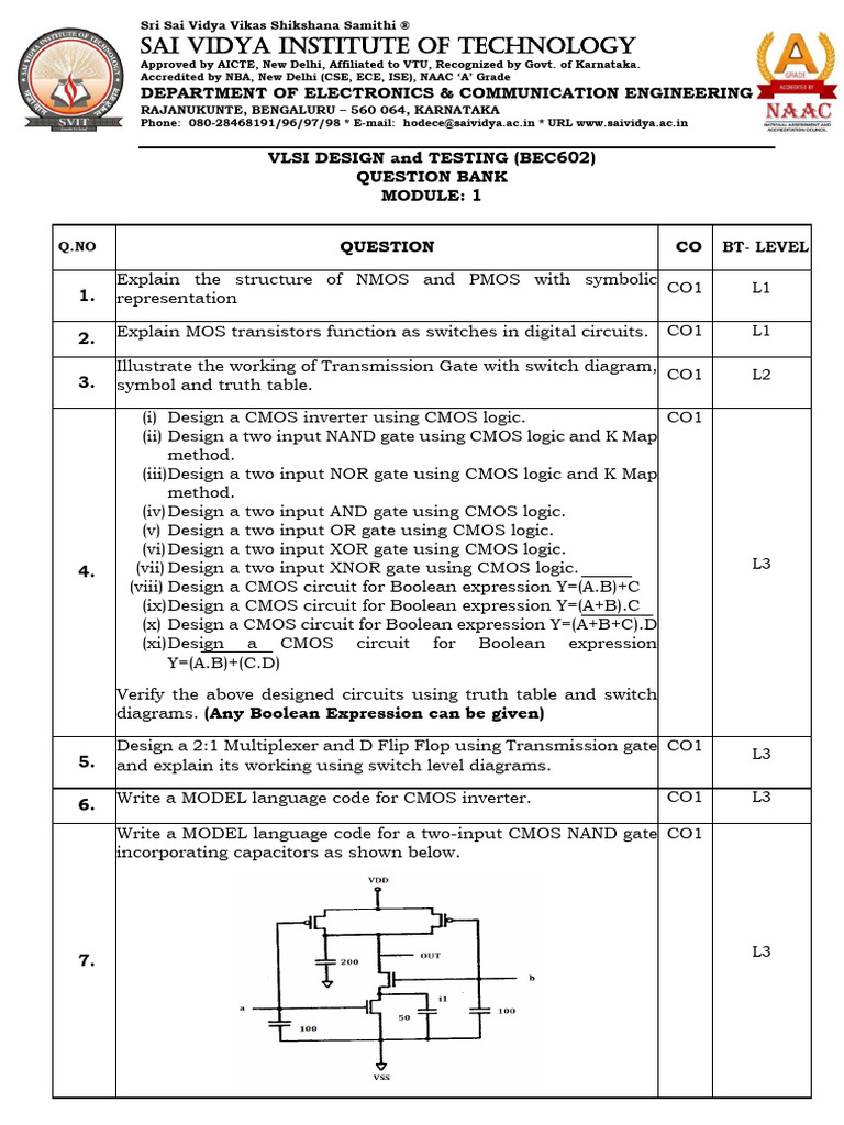 VLSI Design and Testing Question Bank | PDF | Cmos | Logic Gate
