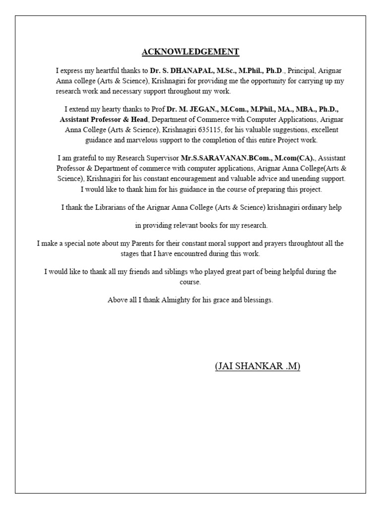 Acknowledgements for Research Project | PDF