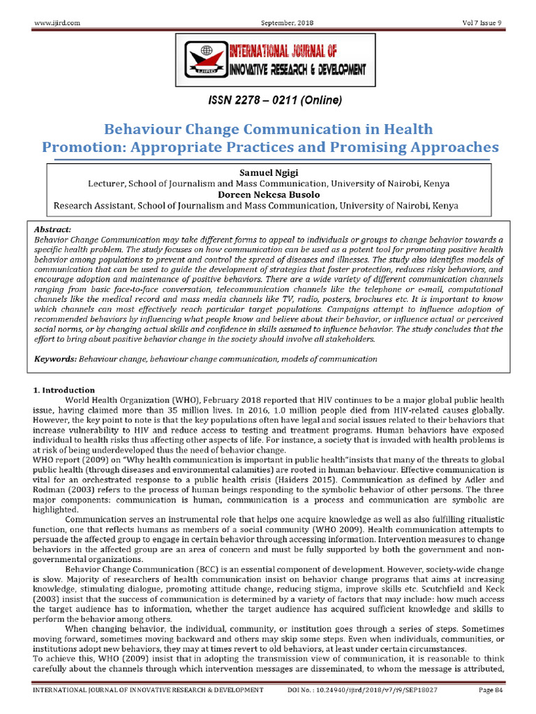 View of Behaviour Change Communication in Health Promotion ...