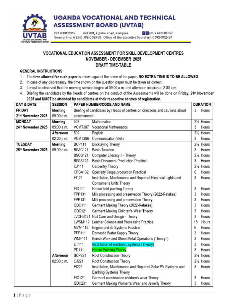 Vocational Education Assessment Timetable | PDF