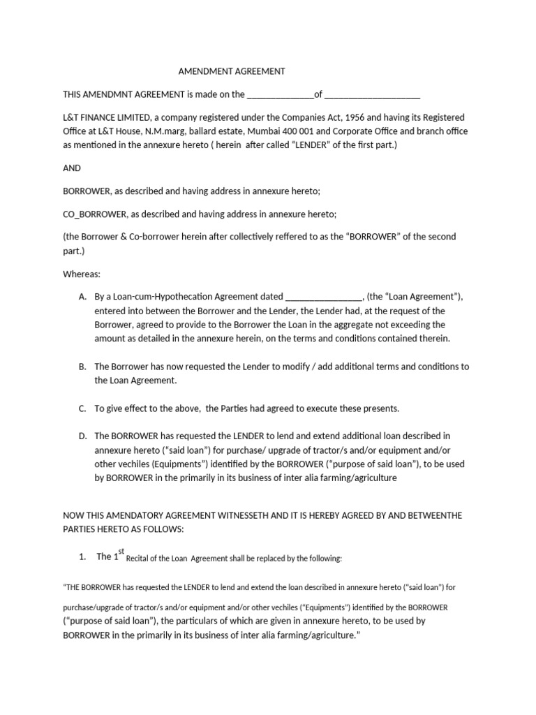 Amendment Agreement for Loan Terms | PDF | Loans | Banking