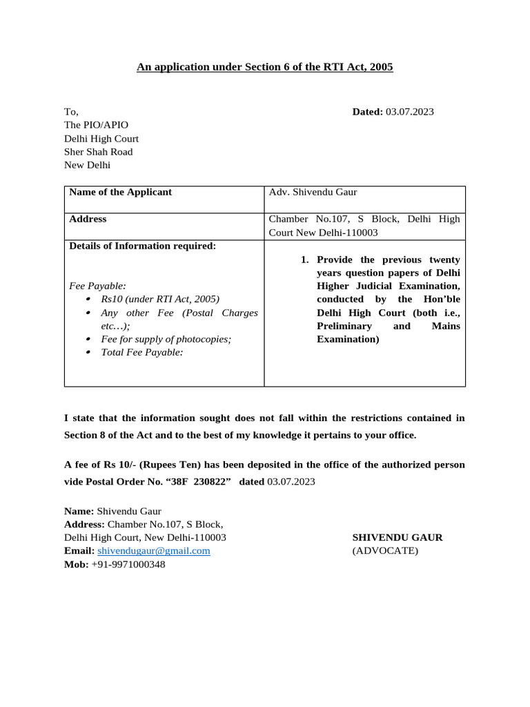 RTI Application for Judicial Exam Papers | PDF