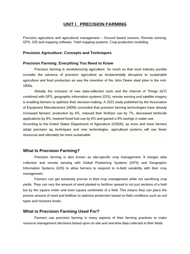 UNIT 1 Precision Farming | PDF | Agriculture | Geographic Information ...