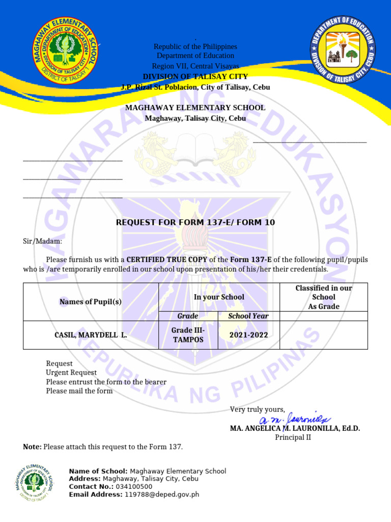 Request for Form 137-E from Maghaway School | PDF