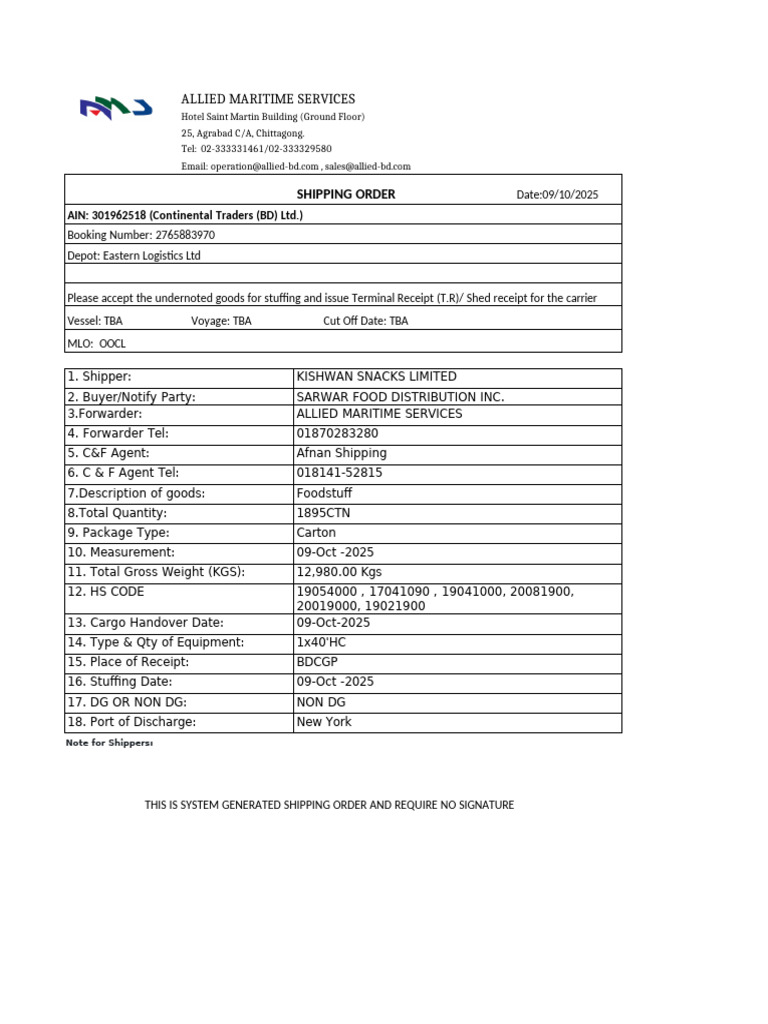 Shipping Order for Foodstuff Cargo | PDF
