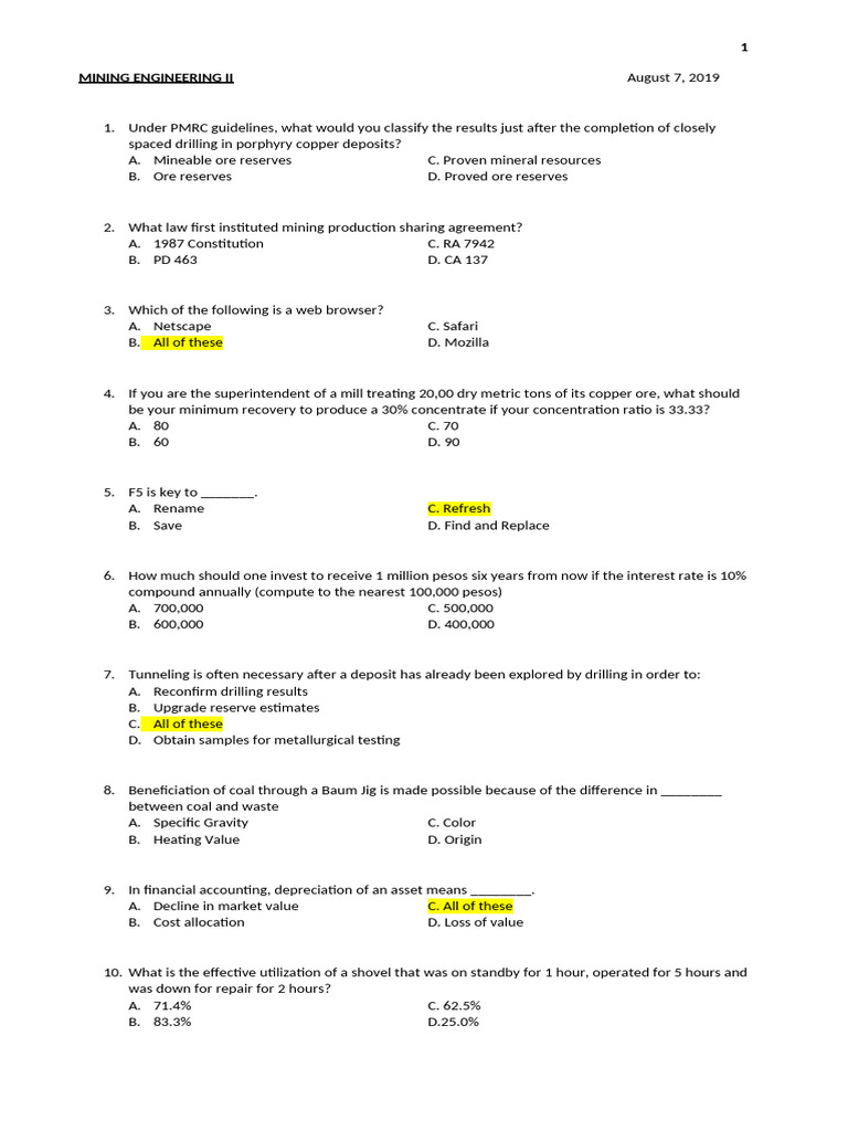 Mining Engineering Exam Questions | PDF | Coal | Mining