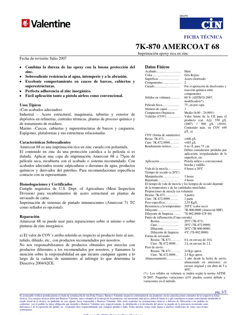 Imprimación Epoxy Amercoat 68HS | PDF | Compuesto orgánico volátil | Acero