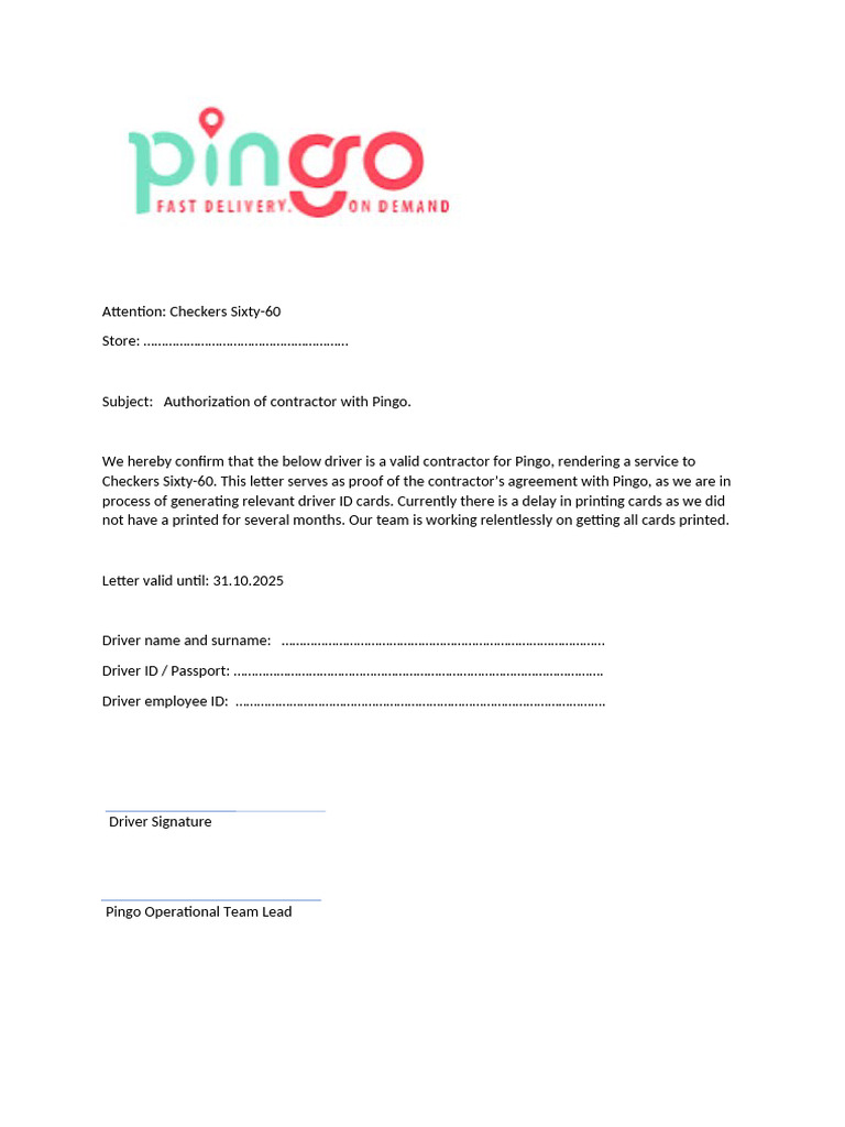 Pingo Card Driver Letter-1 | PDF