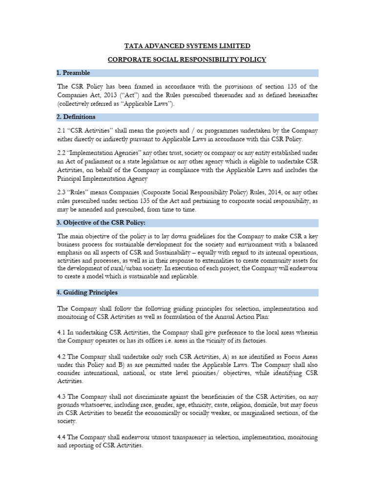 TATA Advanced Systems CSR Policy Overview | PDF | Corporate Social ...