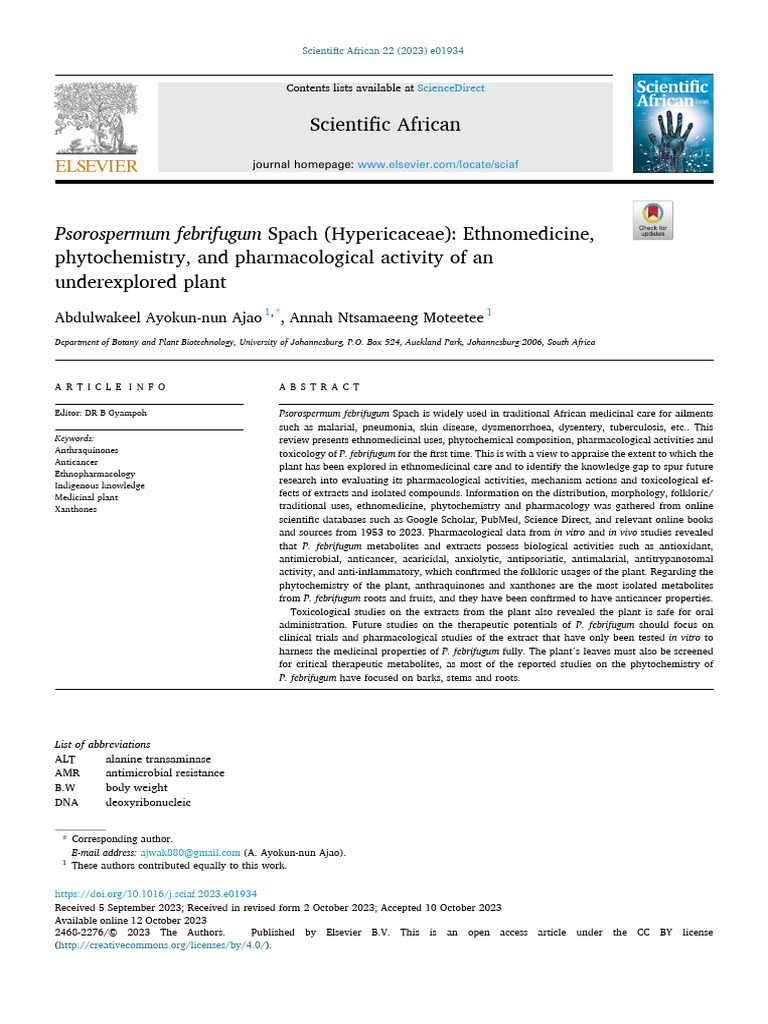 Psorospermum Febrifugum Spach | PDF | Metabolic Pathway | Malaria