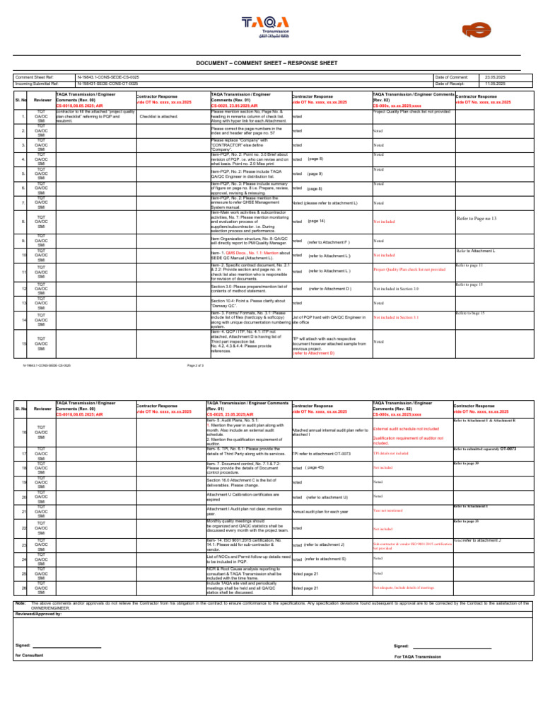 Comment Sheet and Contractor Responses | PDF
