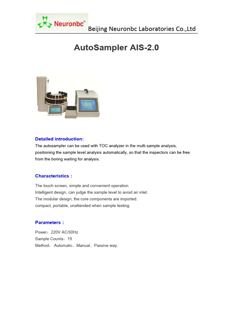 AutoSampler AIS-2.0 for TOC Analysis | PDF