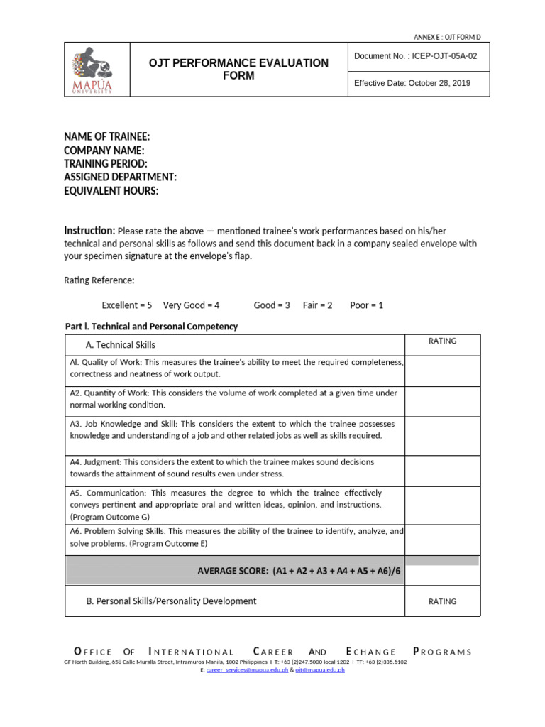 Icep Ojt 05 03 Performance Evaluation Form 1 2 | PDF | Performance ...