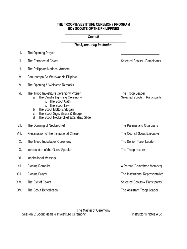 Troop Investiture Ceremony Program | PDF | Scouting | Youth Movements