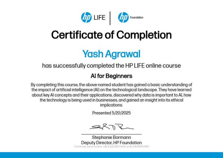 HP LIFE AI for Beginners Certificate | PDF