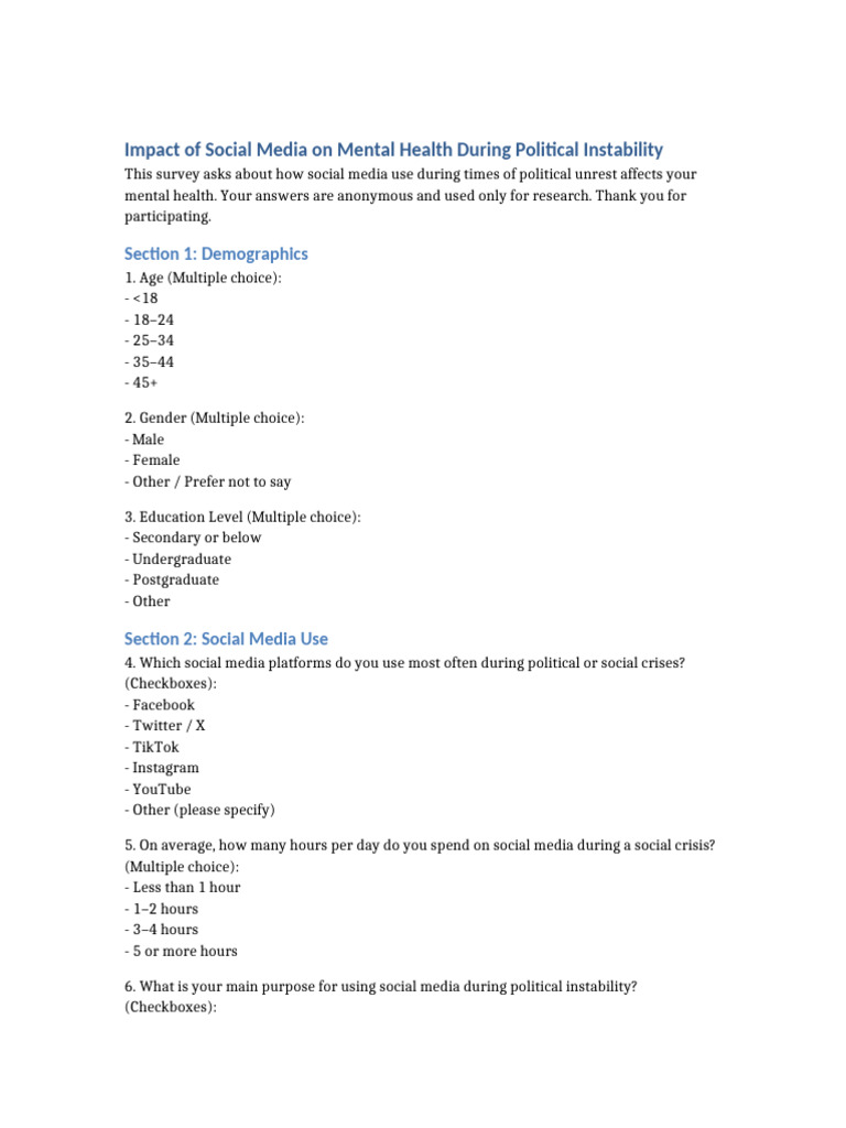Social Media Mental Health Survey | PDF