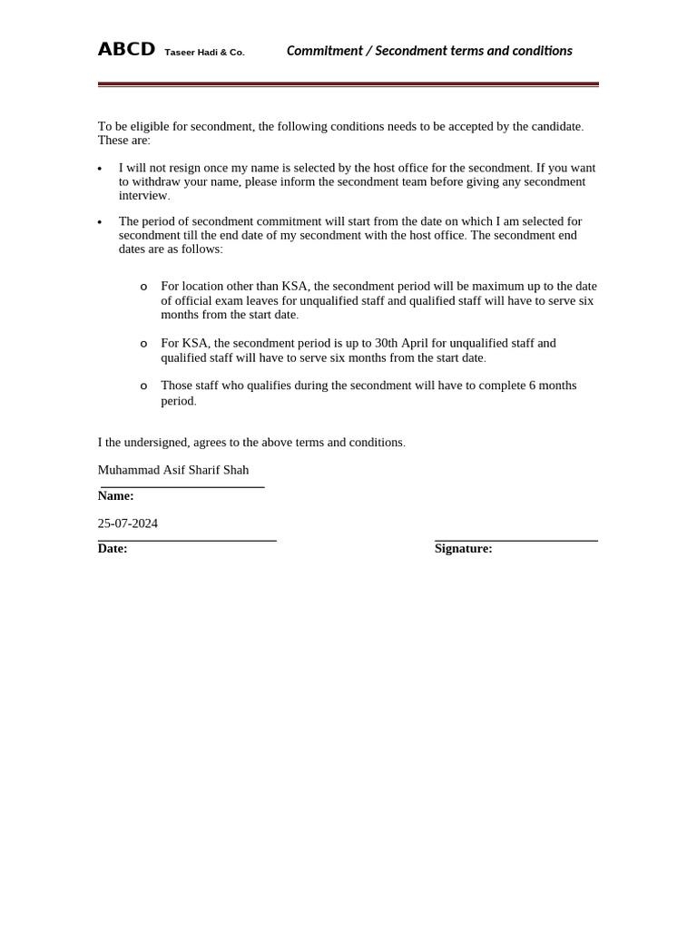 Staff Committment For Secondment | PDF