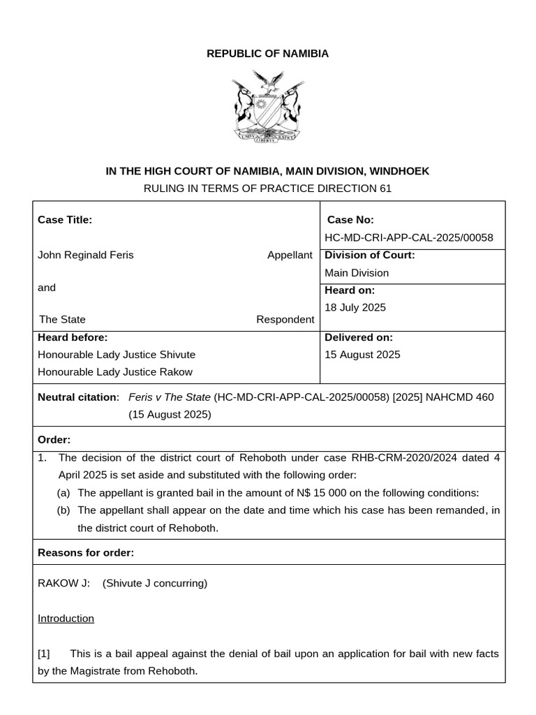Feris V S (HCMDCRIAPPCAL202500058) 2025 NAHCMD 460 (15 August 2025 ...