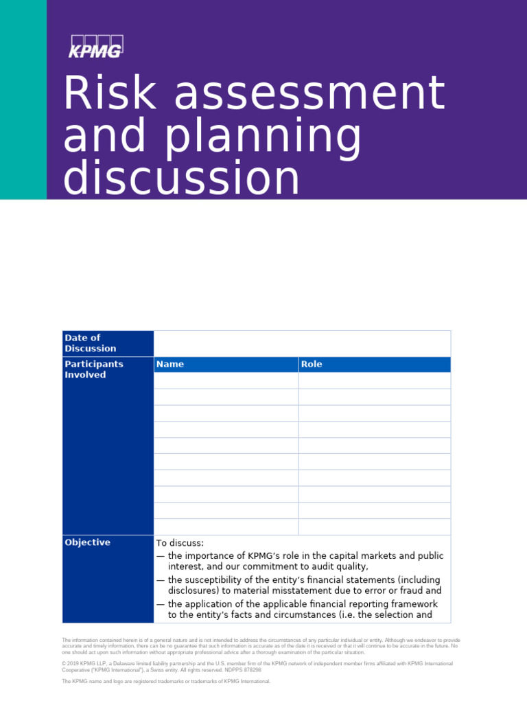 KPMG Risk Assessment Discussion Agenda | PDF | Audit | Accounting