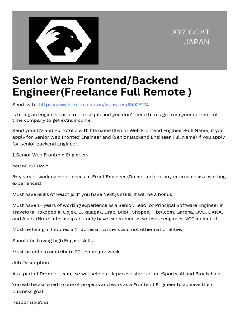 Senior Web Frontend/Backend Engineer (Freelance Full Remote) | PDF ...
