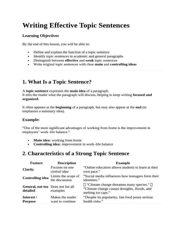 Mastering Topic Sentences for Writing | PDF