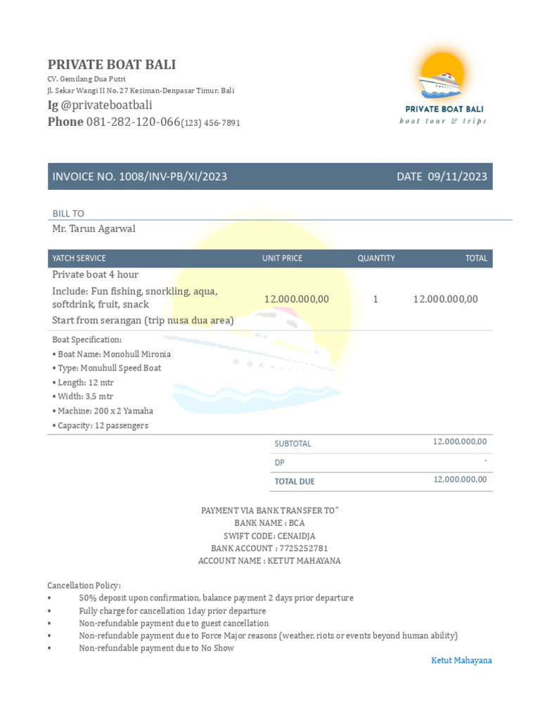 Private Boat Rental Invoice Bali | PDF