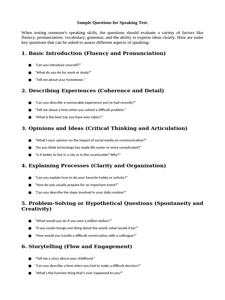 Speaking Test Sample Questions Guide | PDF