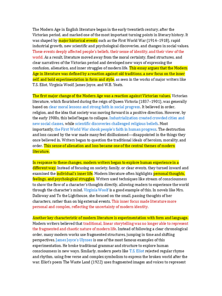 Modern Age in English Literature Highlighted Essay | PDF | Literary ...