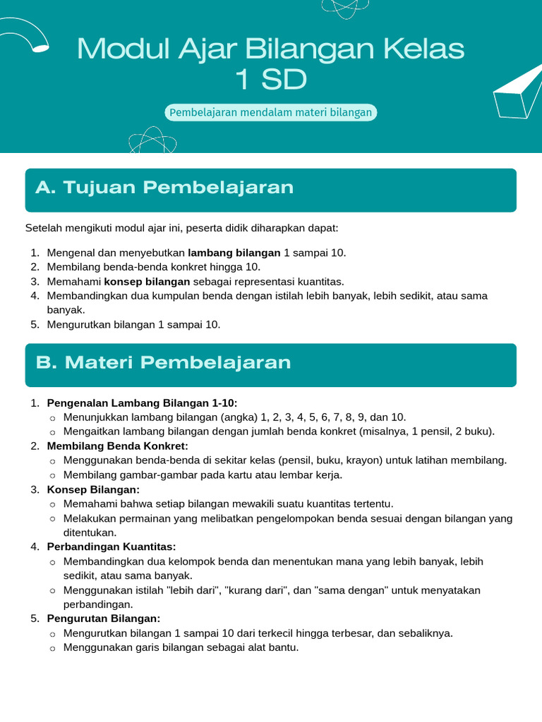 Modul Ajar Bilangan Kelas 1 SD | PDF