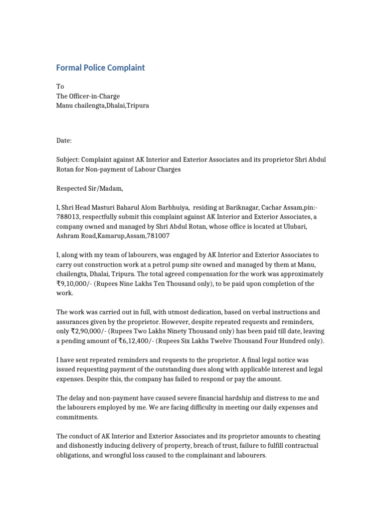 Police Complaint for Unpaid Labour Charges | PDF | Private Law | Justice