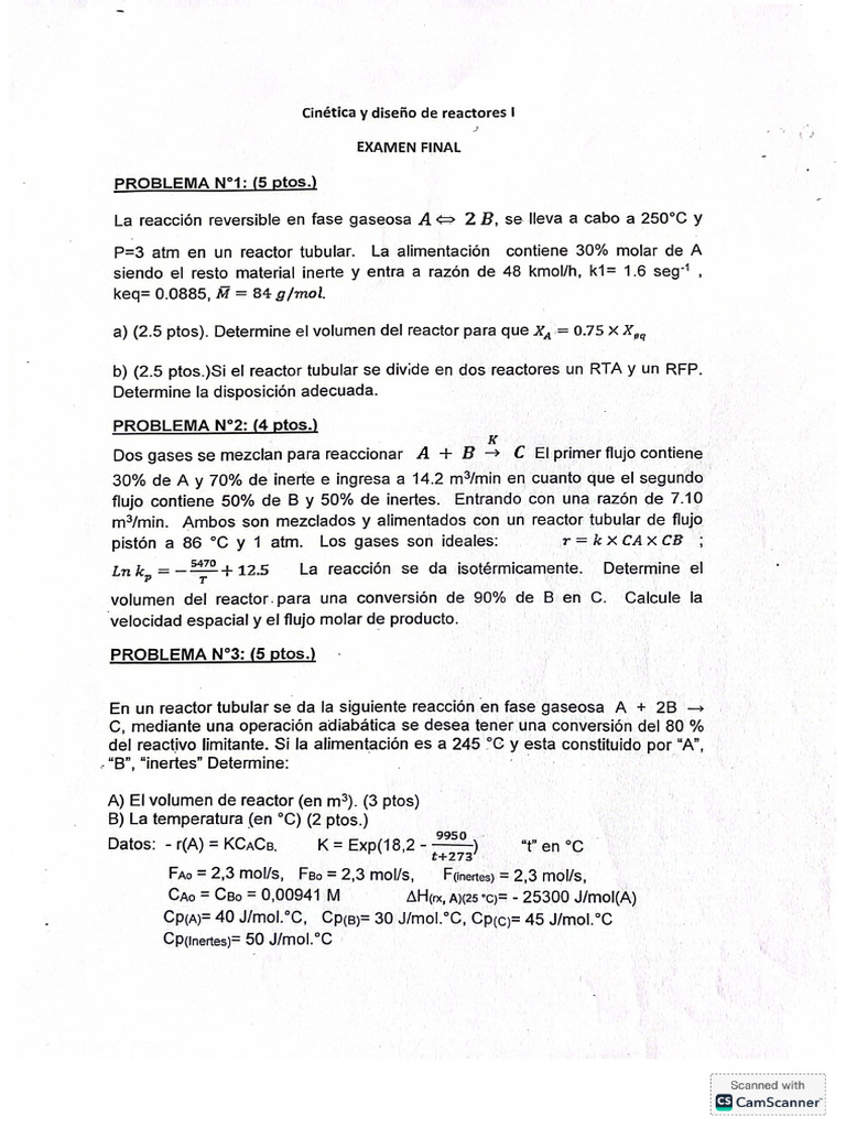 Examen Final de Cinetica y Diseño de React 1-2025-1 | PDF