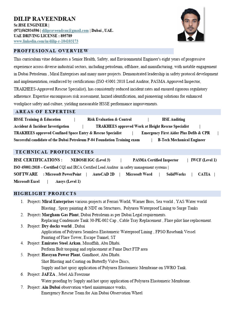 Senior HSE Engineer CV - Dubai, UAE | PDF | Occupational Safety And ...
