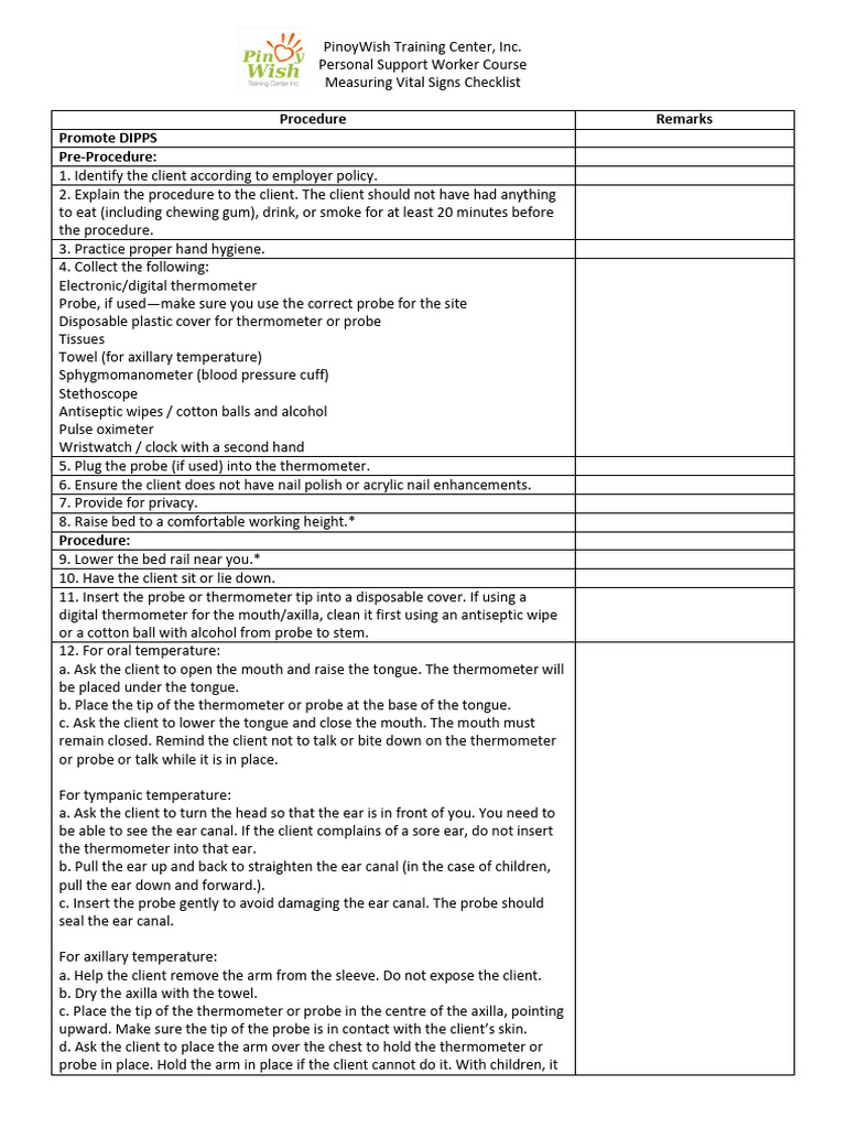 Vital Signs Measurement Checklist Guide | PDF | Pulse | Blood Pressure