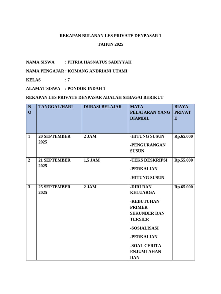 Format Rekapan Bulanan September Andriani Les Private Denpasar 1 | PDF