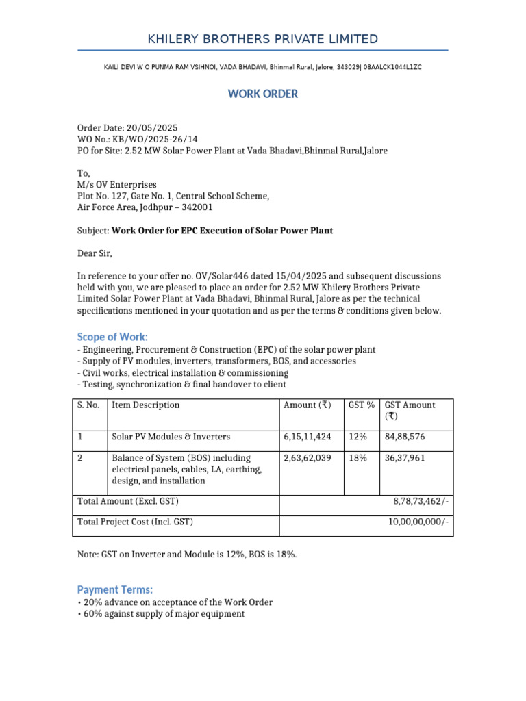 Work Order for 2.52 MW Solar Plant | PDF | Solar Power | Energy Technology