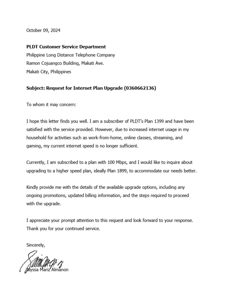 Internet Plan Upgrade Request Letter | PDF