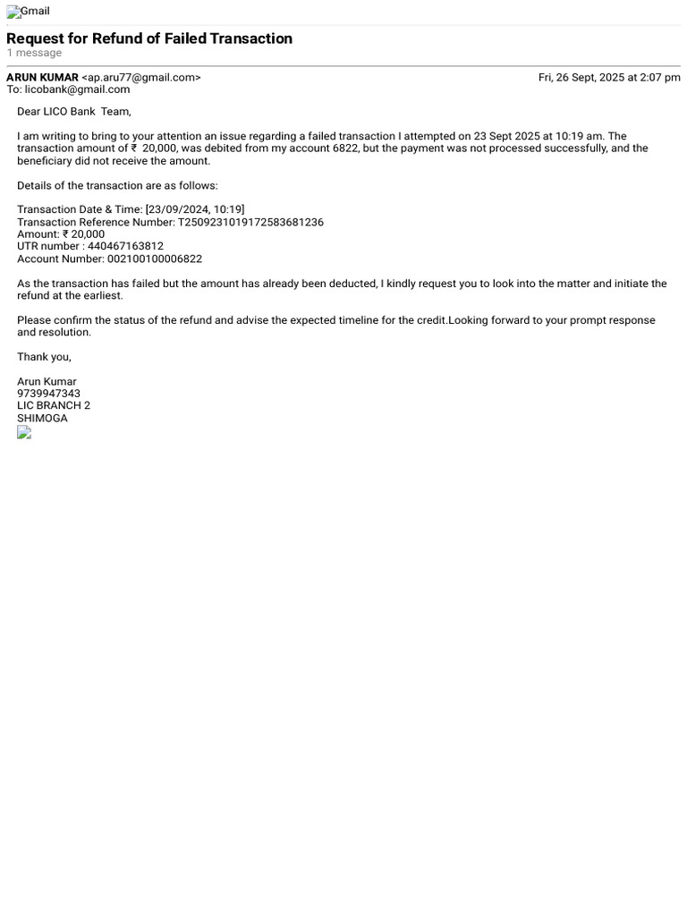 Request for Refund of Failed Transaction | PDF