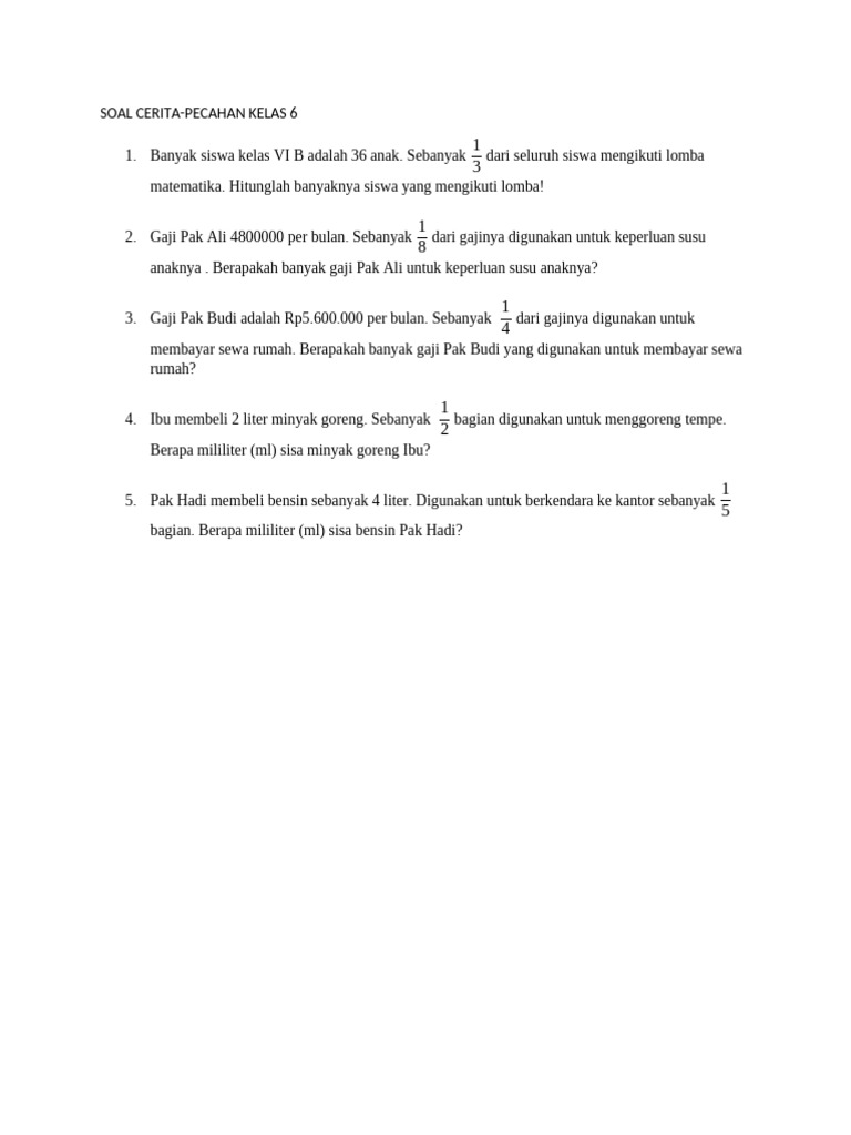 Soal Cerita Pecahan Kelas 6 Matematik | PDF