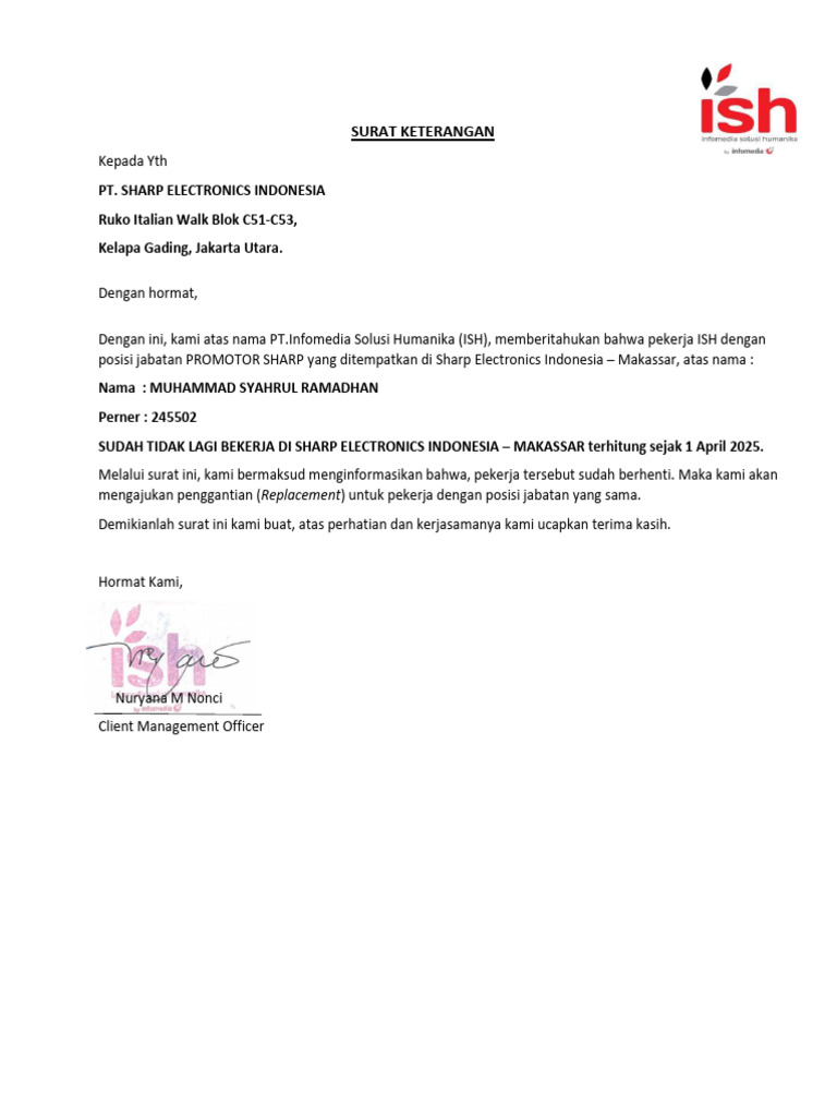 Surat Pengunduran Diri Promotor Sharp | PDF