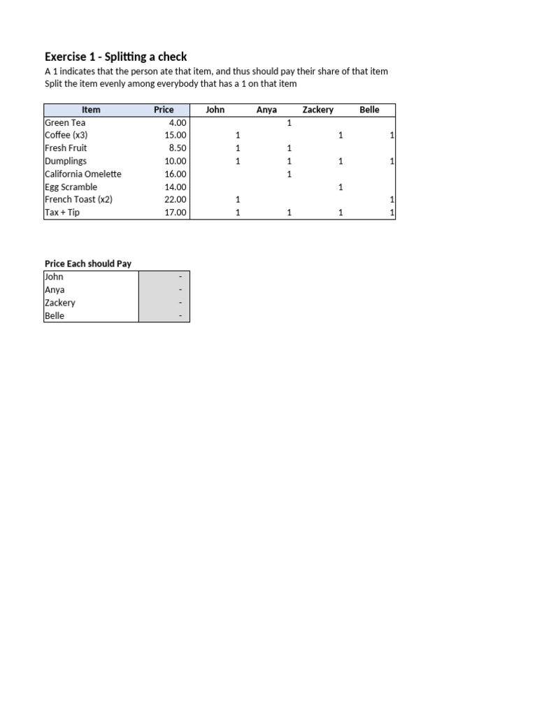 Exercise 01 - Splitting A Check | PDF