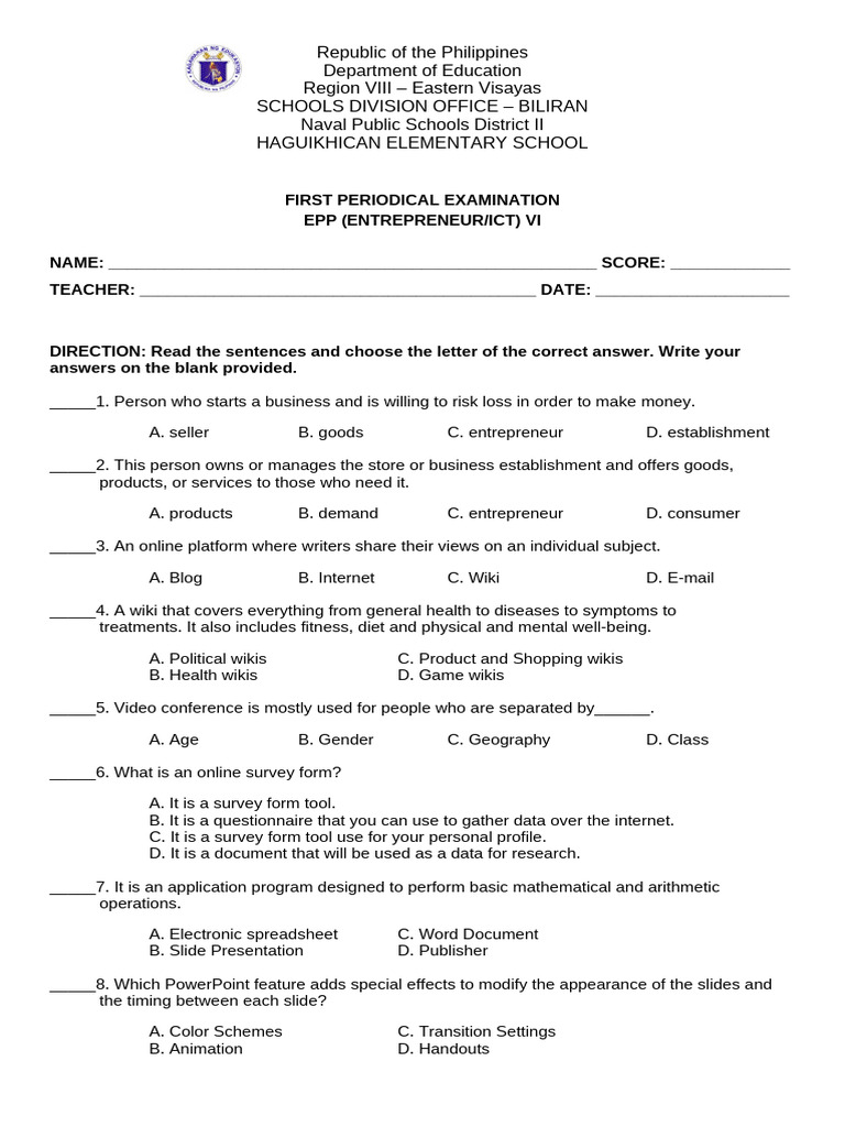 Grade 6 EPP ICT Periodical Exam | PDF | Wiki | Videotelephony