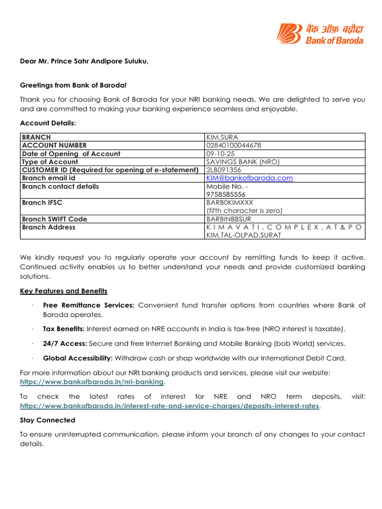NRI Banking Welcome Letter from Bank of Baroda | PDF | Banks | Personal ...