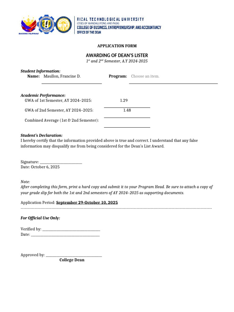 Dean's Lister Application Form 2024-2025 | PDF
