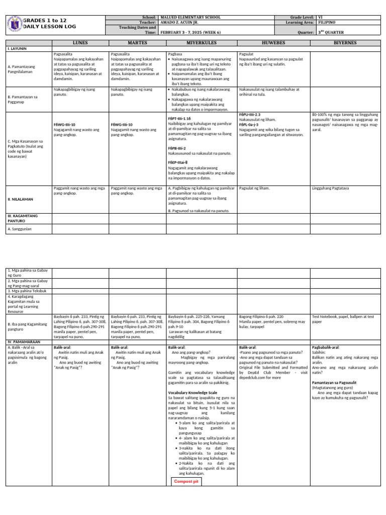 DLL - Filipino 6 - Q3 - W6 | PDF