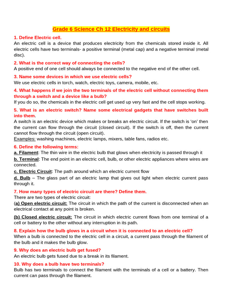 Grade 6: Electricity and Circuits Guide | PDF | Electric Current ...