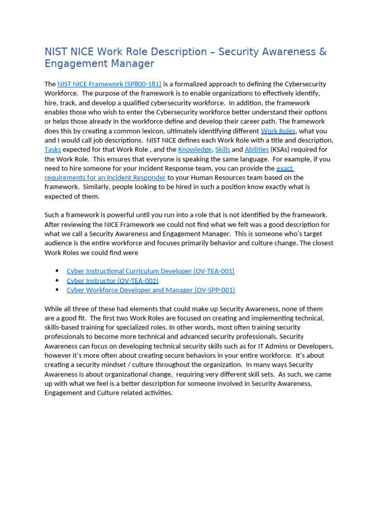 SSA NICEWorkRoleDescription AwarenessManager | PDF | Computer Security ...