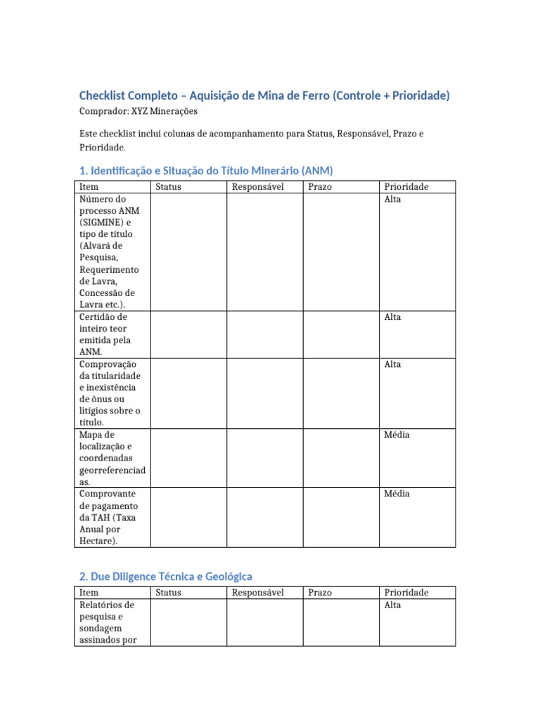 Checklist de Aquisição de Mina de Ferro | PDF | Mineração