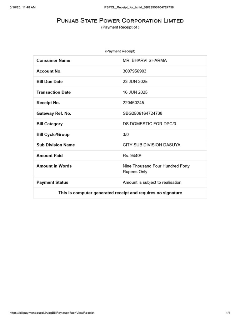 PSPCL Receipt For Txnid SBG2506164724738 | PDF