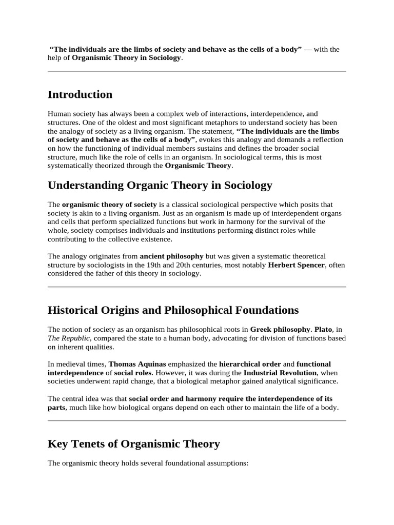Organismic Theory in Sociology Explained | PDF | Sociology | Systems Theory