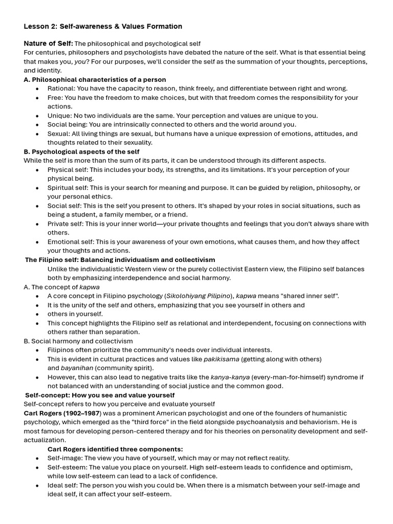 Understanding Self-Awareness and Values | PDF | Self Awareness | Self ...